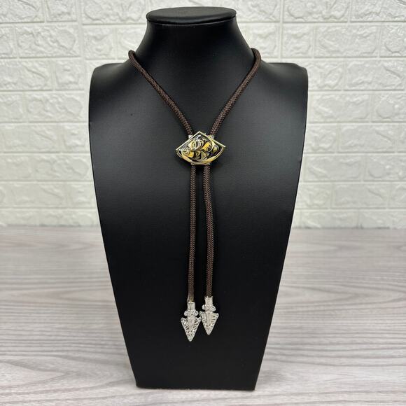 Vtg Unisex Bolo Tie Gold Tone Marbled Pendant Brown Braided Cord Adjustable Boho - Picture 5 of 9